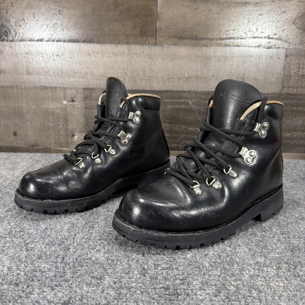 Merrell Wilderness Black Leather Hiking Boots Womens 7 M Vintage Made In Italy